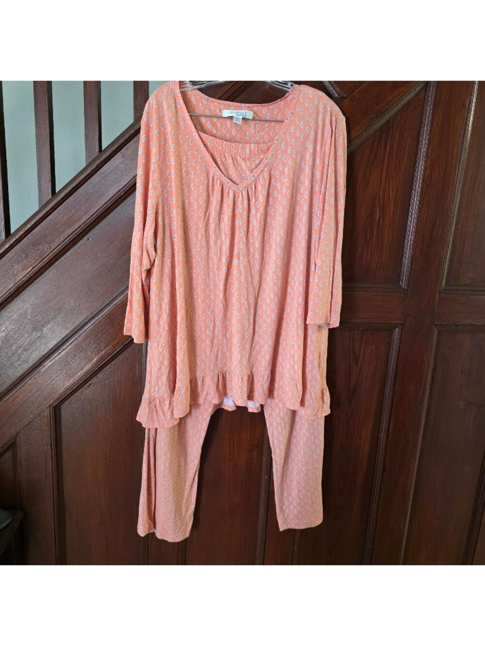 Ellen Tracy XL Peach Printed Top & Pants Pajamas Ruffle Hem Boho Style
